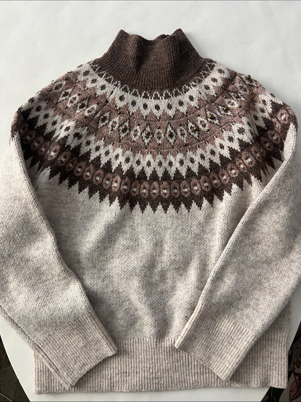 Joie Fair Isle Nordic Yoke Mock Neck Knit Sweater Brown Oatmeal XS (Oversized)